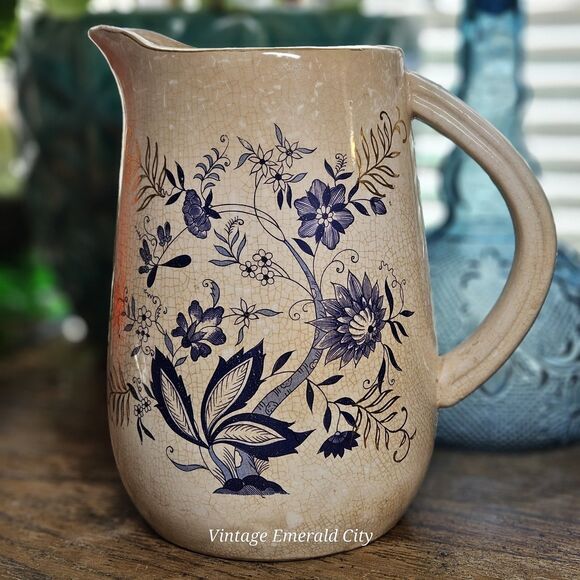 Antique English Ironstone Blue Pitcher Transferware Floral Stained Crazed Jug - Picture 1 of 13